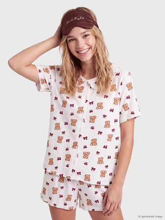LCW Young Ekru Bebe Yaka Ayıcık Baskılı Kadın Şortlu Pijama Takımı