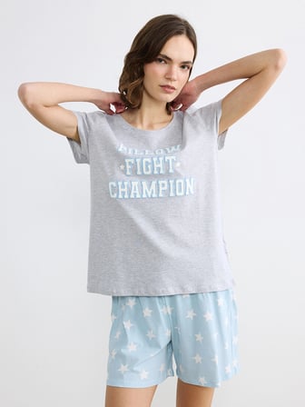 LCW DREAM Mavi Bisiklet Yaka Baskılı Kadın Şortlu Pijama Takımı