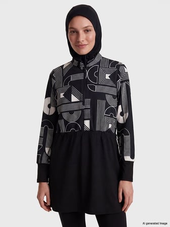 LCW DREAM Siyah Dik Yaka Desenli Kadın Tesettür Mayo