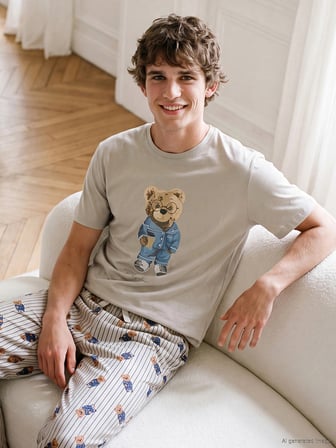 LC WAIKIKI Bej Regular Fit Teddy Baskılı Erkek Pijama Takım