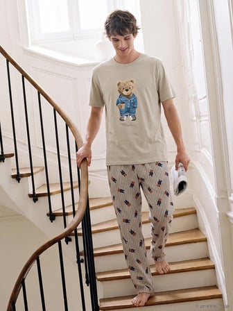 LC WAIKIKI Bej Regular Fit Teddy Baskılı Erkek Pijama Takım