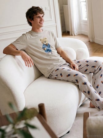 LC WAIKIKI Bej Regular Fit Teddy Baskılı Erkek Pijama Takım