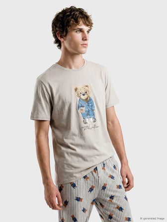 LC WAIKIKI Bej Regular Fit Teddy Baskılı Erkek Pijama Takım