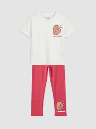 LCW Kids Ekru Capyfun Baskılı Kız Çocuk Takım