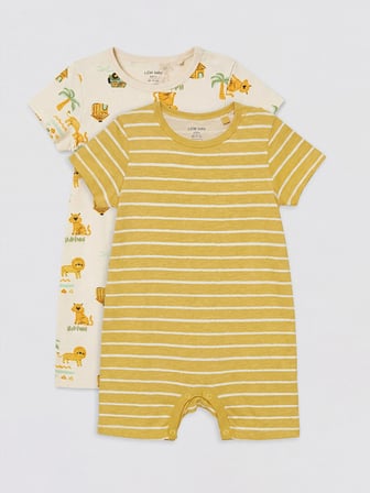 LCW baby Bej Bisiklet Yaka Baskılı Erkek Bebek Tulum 2'li