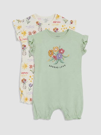 LCW baby Yeşil Fırfırlı Baskılı Kız Bebek 2'li Tulum