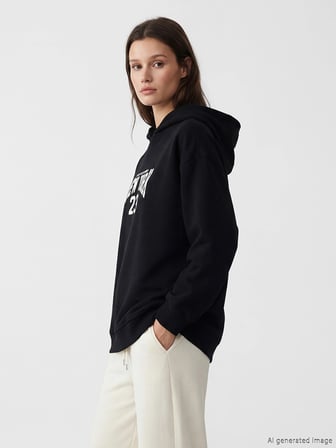 LCW Modest Siyah Kapüşonlu New York Baskılı Kadın Sweatshirt Tunik