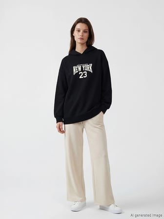 LCW Modest Siyah Kapüşonlu New York Baskılı Kadın Sweatshirt Tunik