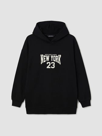 LCW Modest Siyah Kapüşonlu New York Baskılı Kadın Sweatshirt Tunik
