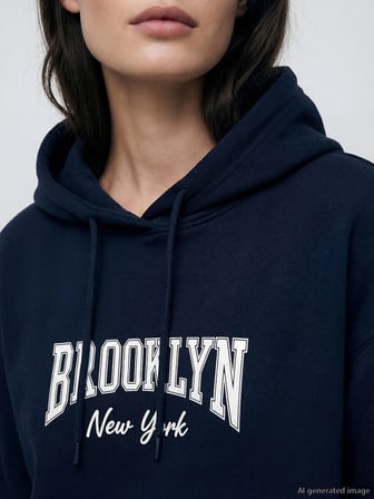 LCW Modest Lacivert Kapüşonlu Brooklyn Baskılı Kadın Sweatshirt Tunik