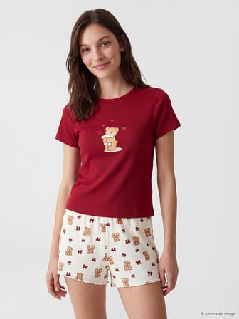 LCW Young Ekru Baskılı Kadın Şortlu Pijama Takımı