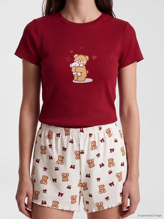 LCW Young Ekru Baskılı Kadın Şortlu Pijama Takımı