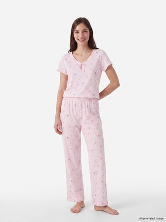 LCW DREAM Pembe V Yaka Çiçekli Kadın Pijama Takım