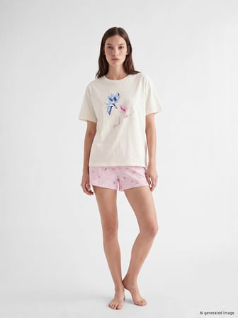 LCW DREAM Pembe Bisiklet Yaka Baskılı Kadın Şortlu Pijama Takımı