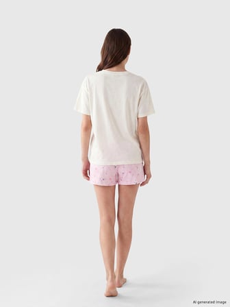 LCW DREAM Pembe Bisiklet Yaka Baskılı Kadın Şortlu Pijama Takımı