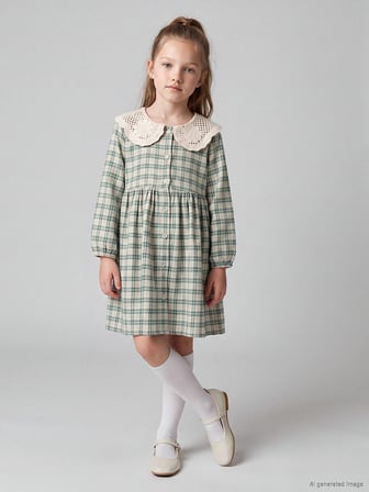LCW Kids Yeşil Bebe Yaka Ekose Kız Çocuk Elbise