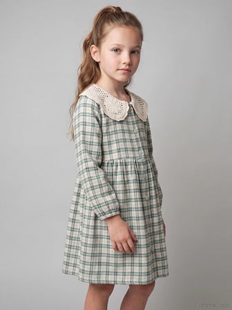 LCW Kids Yeşil Bebe Yaka Ekose Kız Çocuk Elbise