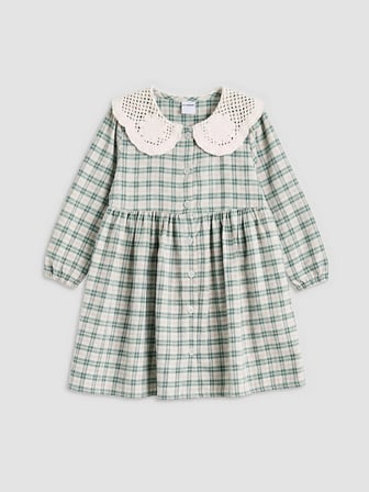 LCW Kids Yeşil Bebe Yaka Ekose Kız Çocuk Elbise