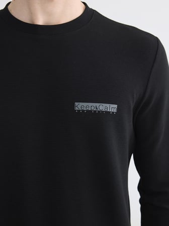 LCWAIKIKI Classic Siyah Bisiklet Yaka Baskılı Erkek Sweatshirt