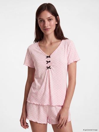 LCW DREAM Pembe V Yaka Puantiyeli Kadın Şortlu Pijama Takımı