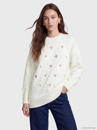 LCW Modest Ekru Bisiklet Yaka Çiçek Nakışlı Kadın Triko Tunik