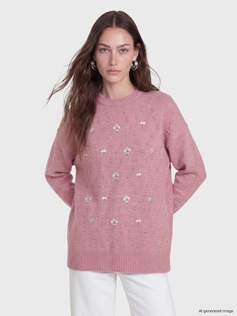 LCW Modest Pembe Bisiklet Yaka Çiçek Nakışlı Kadın Triko Tunik