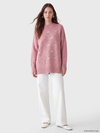 LCW Modest Pembe Bisiklet Yaka Çiçek Nakışlı Kadın Triko Tunik