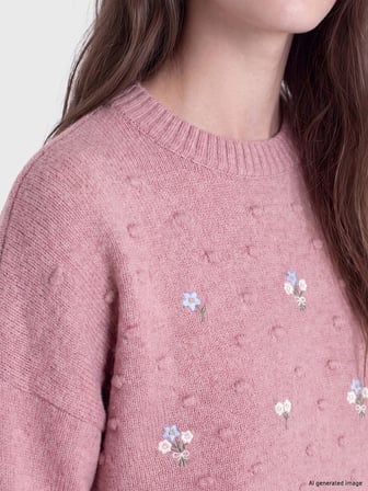 LCW Modest Pembe Bisiklet Yaka Çiçek Nakışlı Kadın Triko Tunik