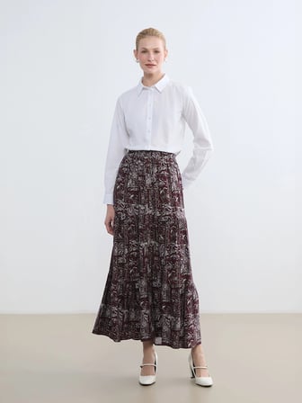 LCW Grace Bordo Beli Lastikli Desenli Etek