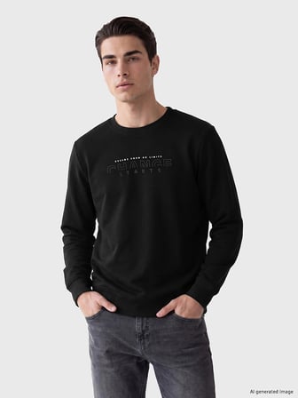 LCWAIKIKI Classic Siyah Bisiklet Yaka Baskılı Erkek Sweatshirt