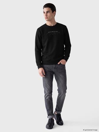 LCWAIKIKI Classic Siyah Bisiklet Yaka Baskılı Erkek Sweatshirt