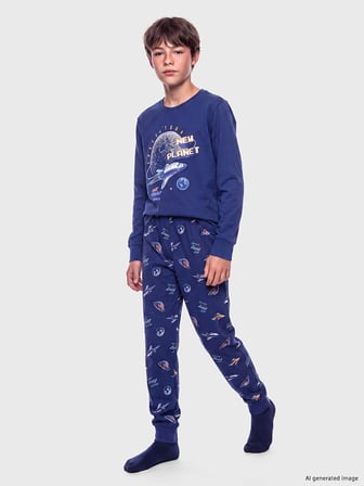 LCW Kids Lacivert Bisiklet Yaka Baskılı Erkek Çocuk Pijama Takım