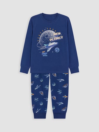 LCW Kids Lacivert Bisiklet Yaka Baskılı Erkek Çocuk Pijama Takım