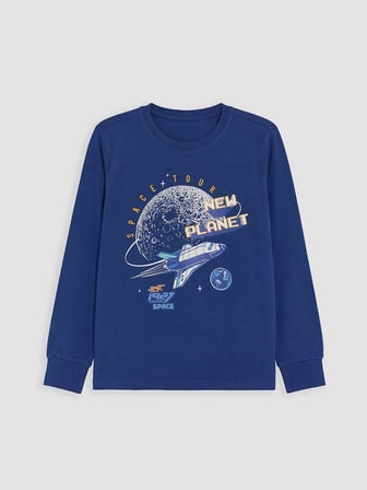 LCW Kids Lacivert Bisiklet Yaka Baskılı Erkek Çocuk Pijama Takım