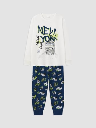 LCW Kids Ekru New York Baskılı Erkek Çocuk Pijama Takım