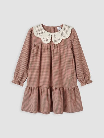 LCW Kids Turuncu Bebe Yaka Ekose Kız Çocuk Gabardin Elbise