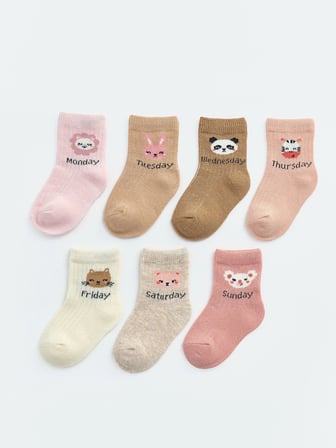 LCW baby Pembe Hayvan Baskılı Kız Bebek Soket Çorap 7'li Paket