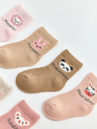LCW baby Pembe Hayvan Baskılı Kız Bebek Soket Çorap 7'li Paket
