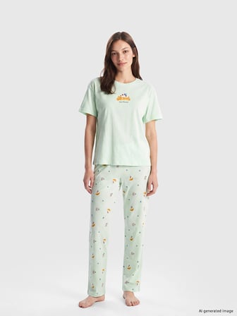 LCW DREAM Yeşil Bisiklet Yaka Baskılı Kadın Pijama Takım
