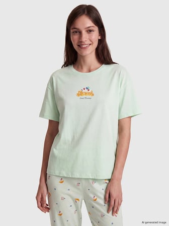 LCW DREAM Yeşil Bisiklet Yaka Baskılı Kadın Pijama Takım
