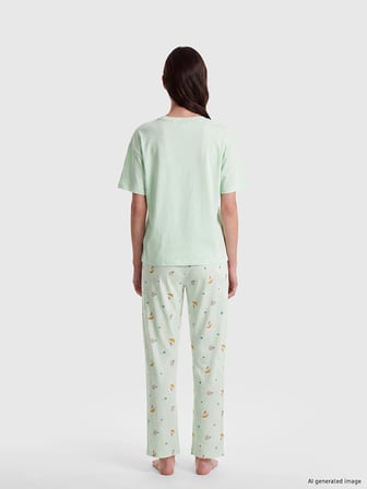 LCW DREAM Yeşil Bisiklet Yaka Baskılı Kadın Pijama Takım