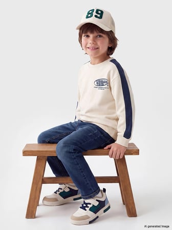 LCW Kids Bej Bisiklet Yaka Baskılı Erkek Çocuk Kalın Sweatshirt