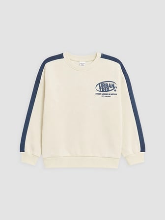 LCW Kids Bej Bisiklet Yaka Baskılı Erkek Çocuk Kalın Sweatshirt