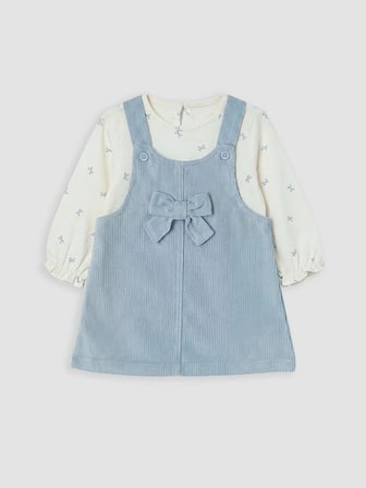 LCW baby Mavi Fiyonklu Kadife Kız Bebek Salopet Elbise ve Tişört