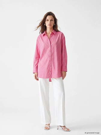 LCW Modest Pembe Çizgili Oversize Kadın Gömlek Tunik