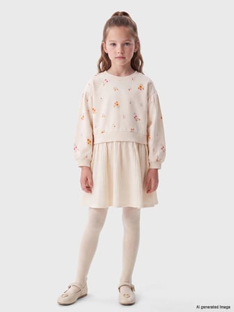 LCW Kids Ekru Bisiklet Yaka Çiçekli Kız Çocuk Elbise