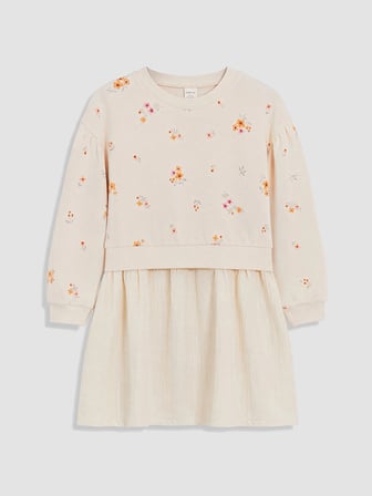 LCW Kids Ekru Bisiklet Yaka Çiçekli Kız Çocuk Elbise