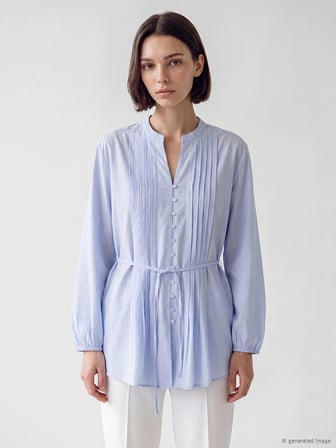 LCW Modest Mavi Pileli Kuşaklı Oversize Kadın Gömlek Tunik