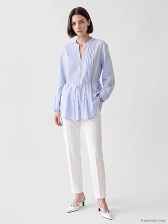 LCW Modest Mavi Pileli Kuşaklı Oversize Kadın Gömlek Tunik