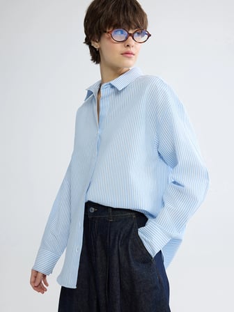 XSIDE Mavi Çizgili Oversize Poplin Kadın Gömlek